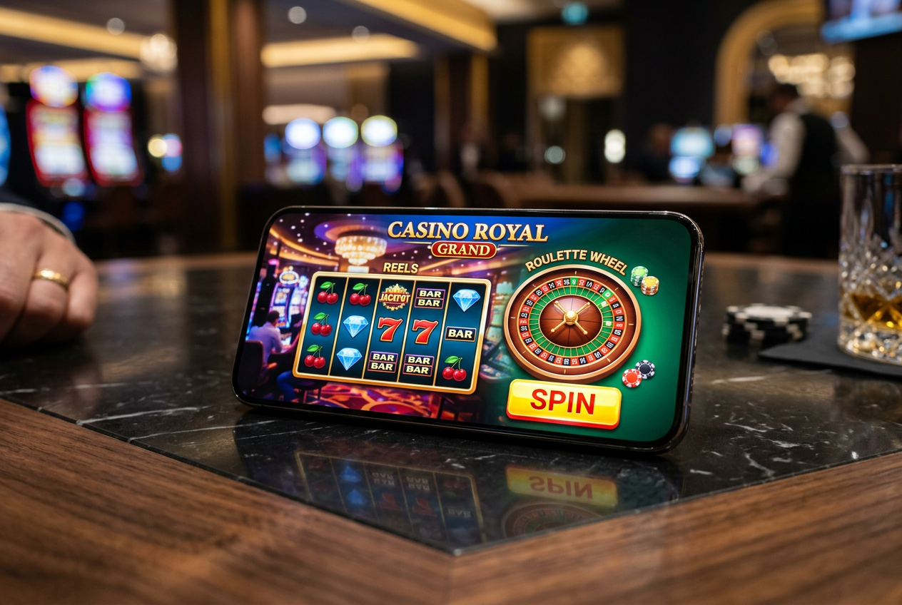 Premium modern smartphone displaying online casino games on a sleek dark background.