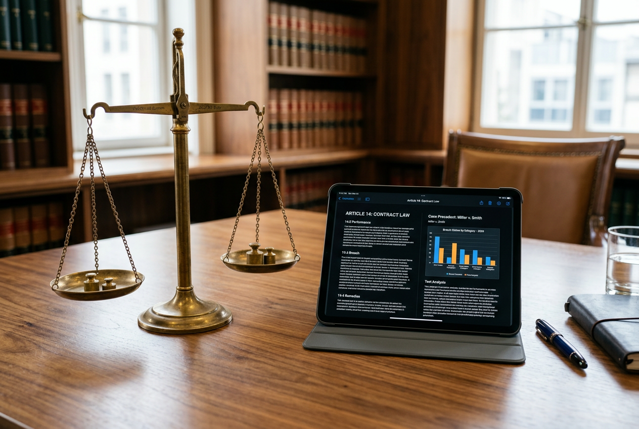 Scale of justice next to a digital tablet displaying European legal documents.
